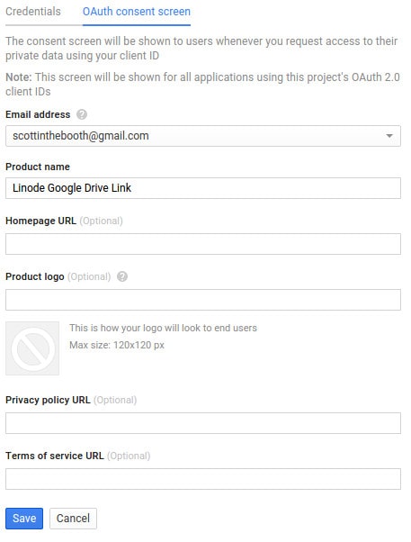 Configuring the Google Drive API project. I named mine “Google Drive Linode link”
