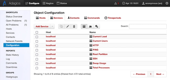 Adagios page for configuring services Adagios page for configuring services