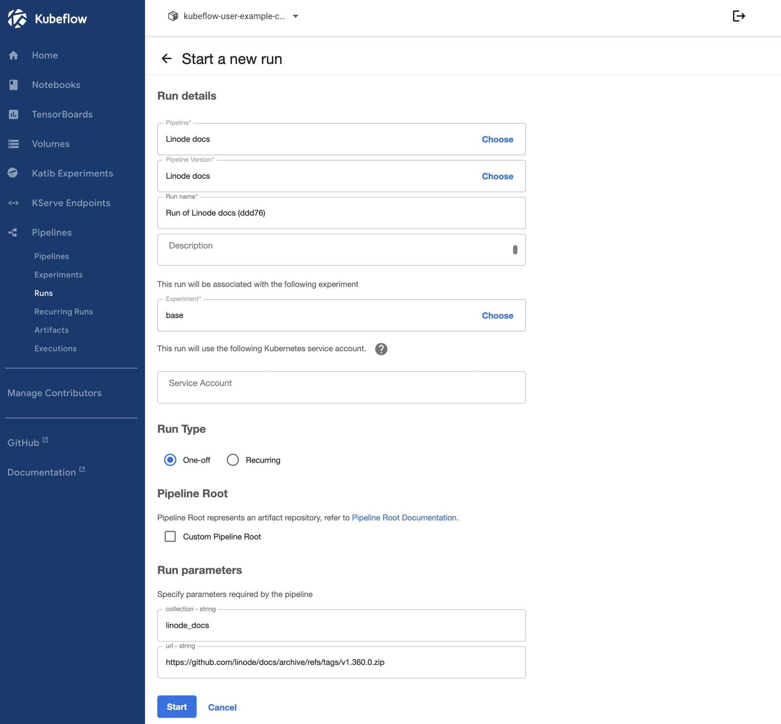 Screenshot of the “Start a new run” page within Kubeflow