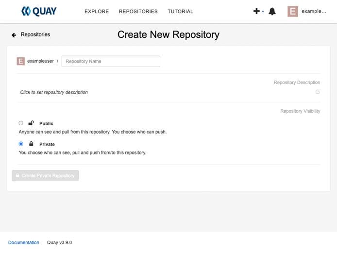 The Project Quay create repositories screen