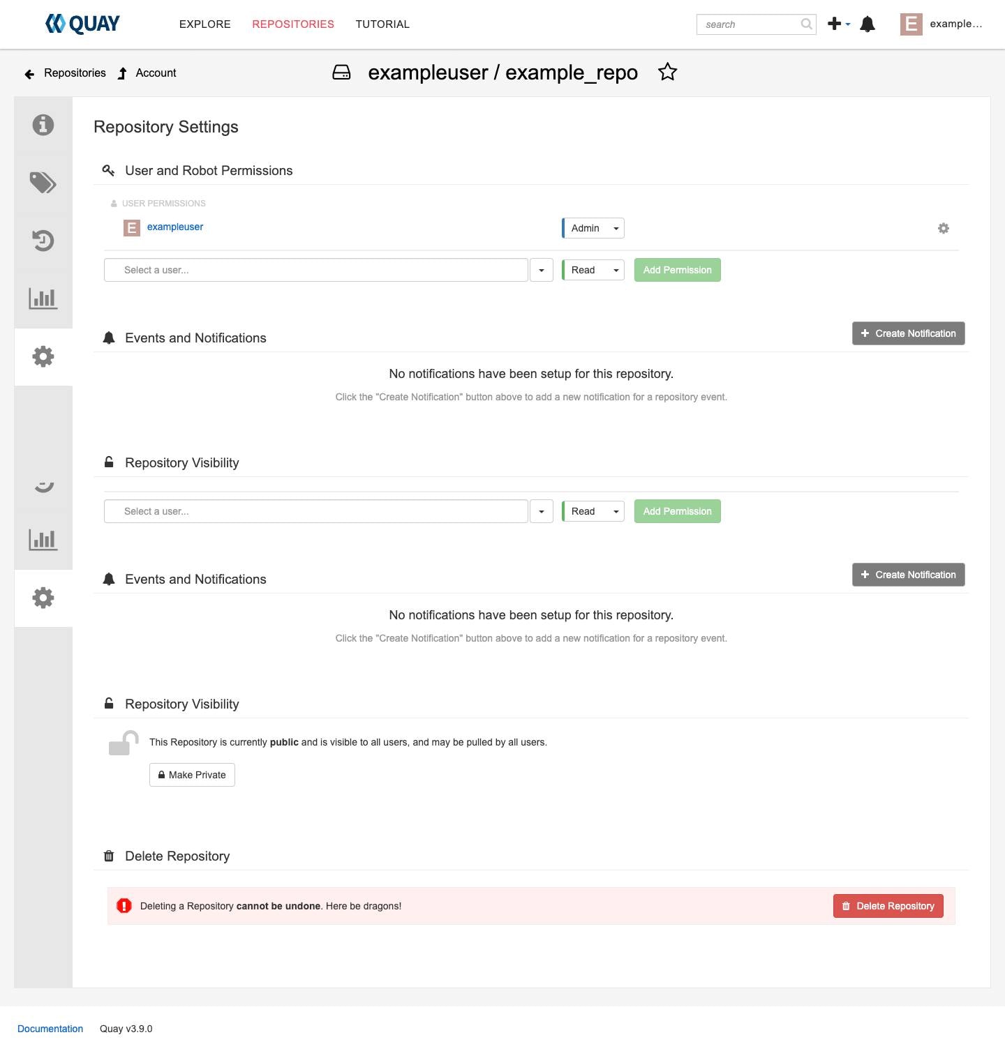 The Project Quay repository settings screen The Project Quay repository settings screen