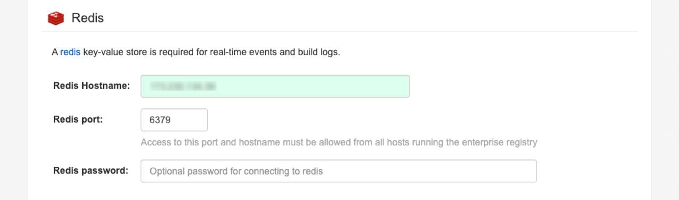 The Redis section of the Project Quay setup screen. The Redis section of the Project Quay setup screen.