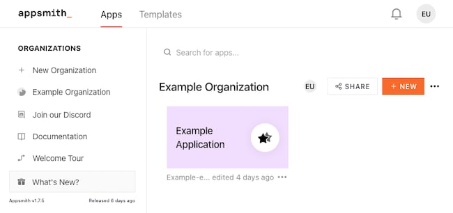 Example application on the Appsmith dashboard Example application on the Appsmith dashboard