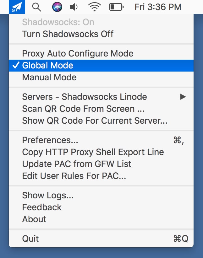 macOS Shadowsocks menu bar - Global Mode menu item