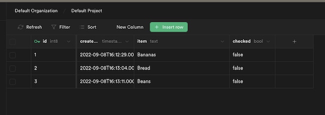The Supabase table editor listing rows of data