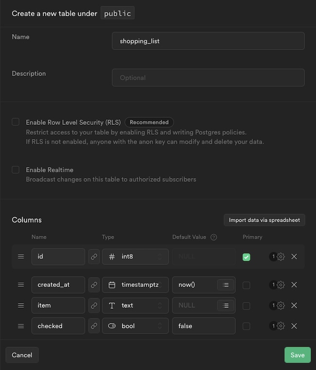 The Supabase form for creating a new table The Supabase form for creating a new table