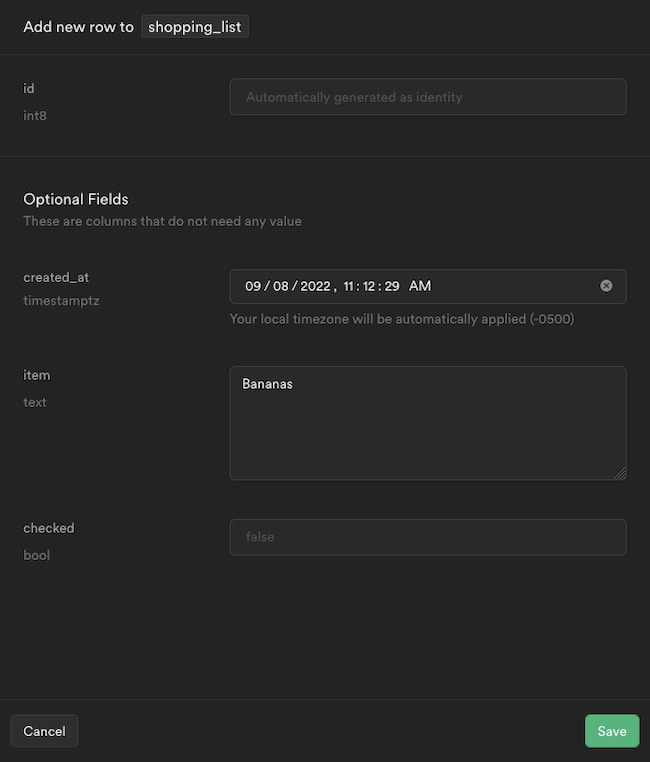 The Supabase form for inserting a new row The Supabase form for inserting a new row
