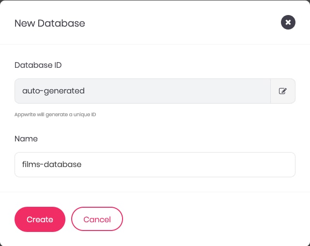Appwrite form for creating a database Appwrite form for creating a database