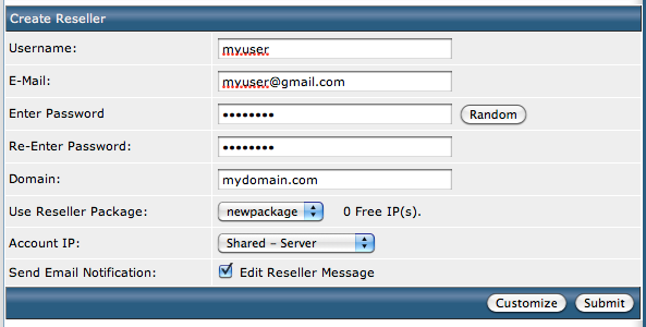 DirectAdmin Create Reseller screen.
