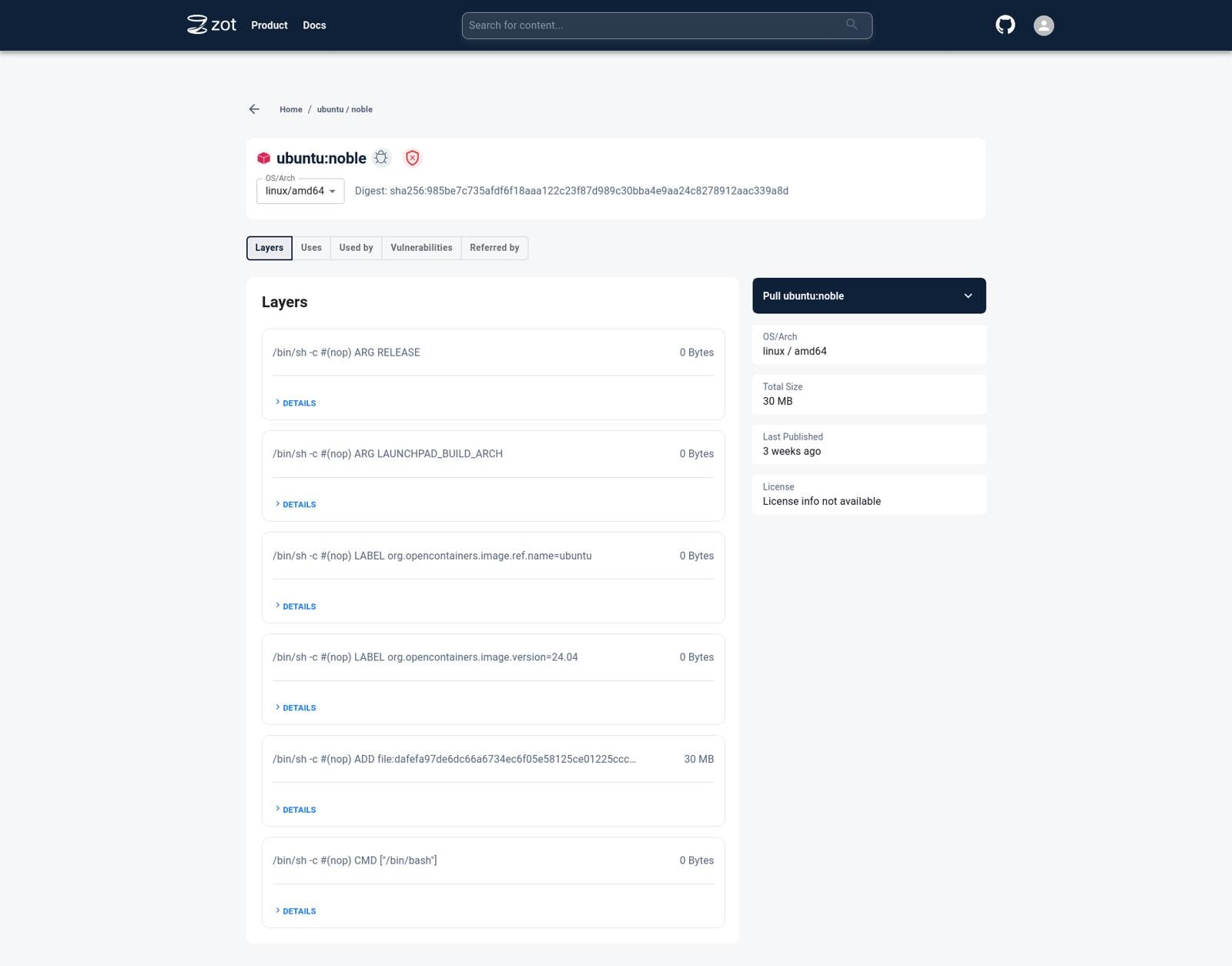 Zot image tag details