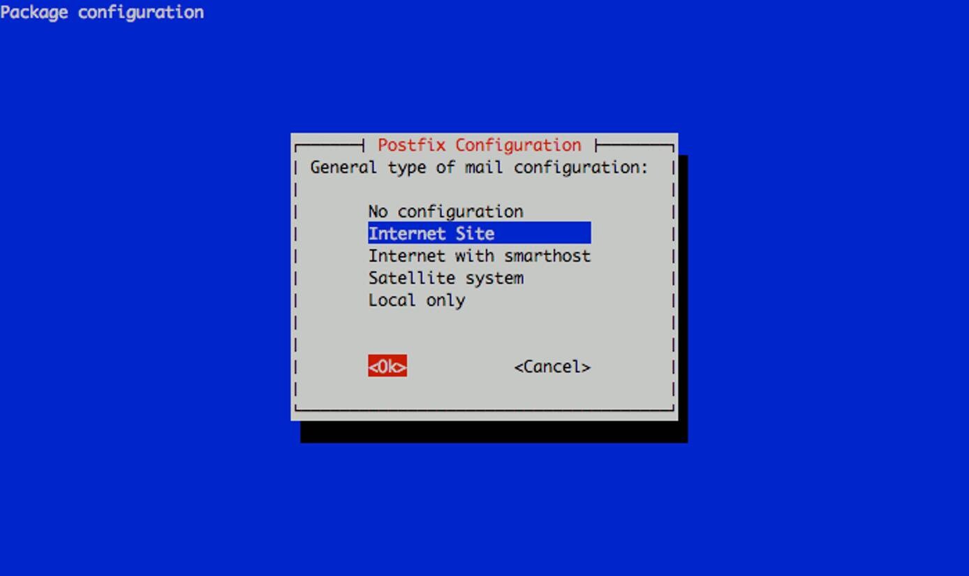 Selecting the Postfix mail server configuration type on an Ubuntu 10.10 (Maverick) Linode. Selecting the Postfix mail server configuration type on an Ubuntu 10.10 (Maverick) Linode.
