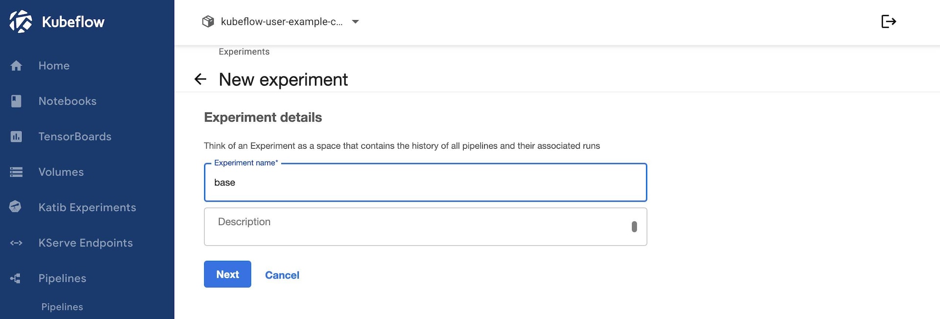 Screenshot of the “New Experiment” page within Kubeflow Screenshot of the “New Experiment” page within Kubeflow