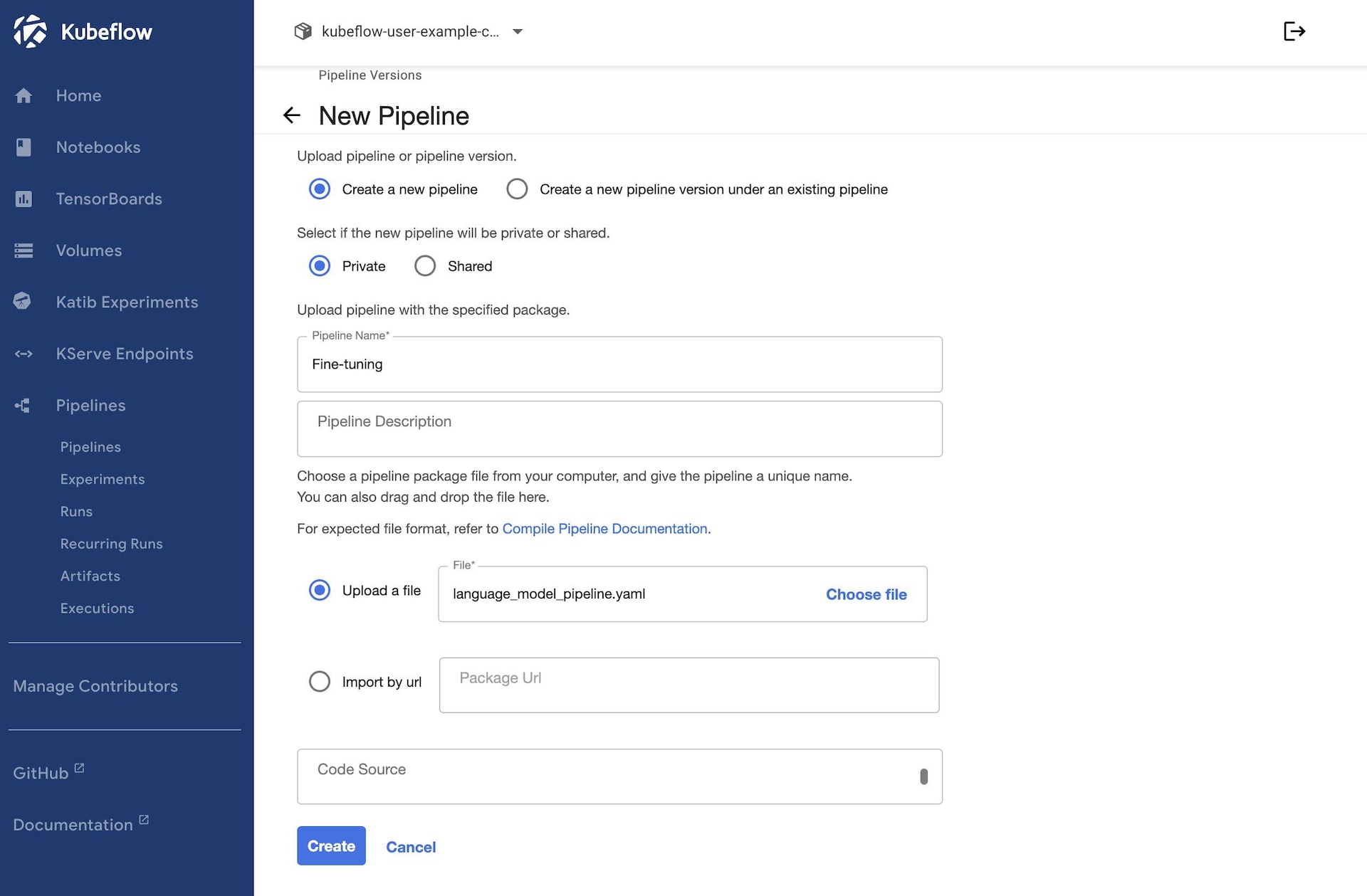 Screenshot of the “New Pipeline” page within Kubeflow Screenshot of the “New Pipeline” page within Kubeflow