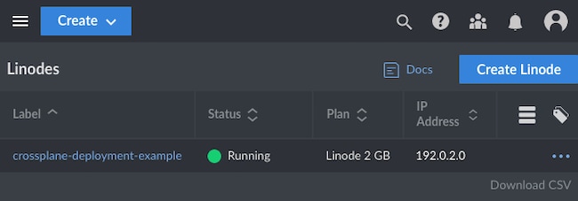 A Linode Compute instance deployed with Crossplane.