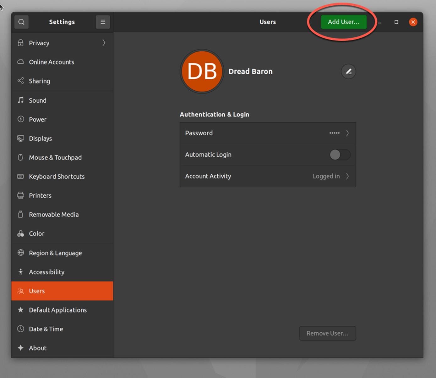 Clicking the add user button in Ubuntu Clicking the add user button in Ubuntu