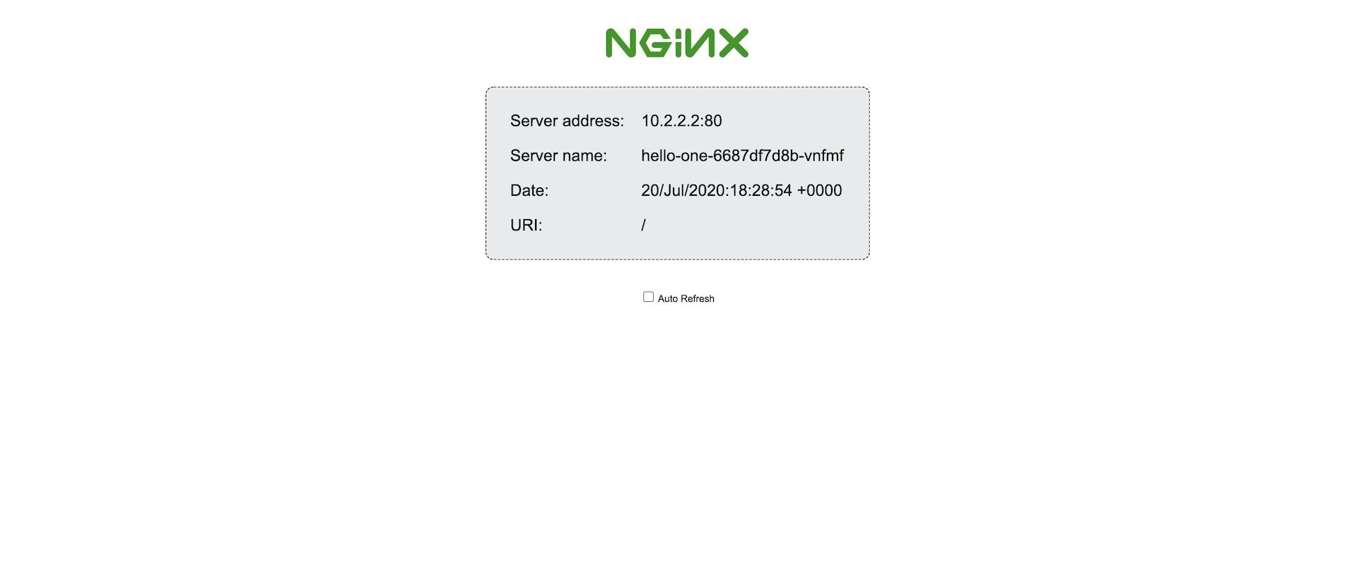 The NGINX demo page loads with information about the Pod being used to serve your request The NGINX demo page loads with information about the Pod being used to serve your request