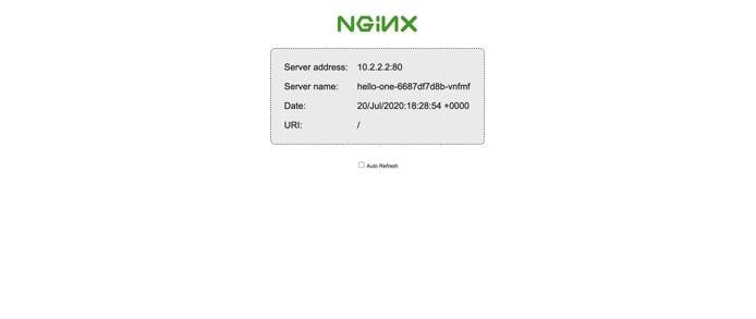 The NGINX demo page loads with information about the Pod being used to serve your request