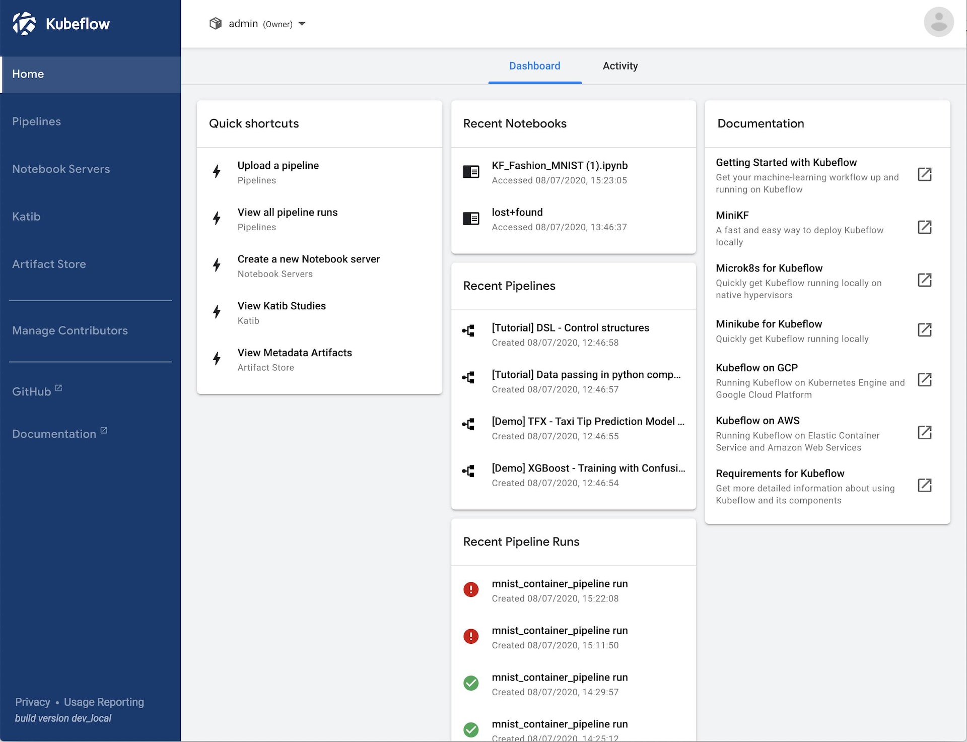 Kubeflow’s dashboard