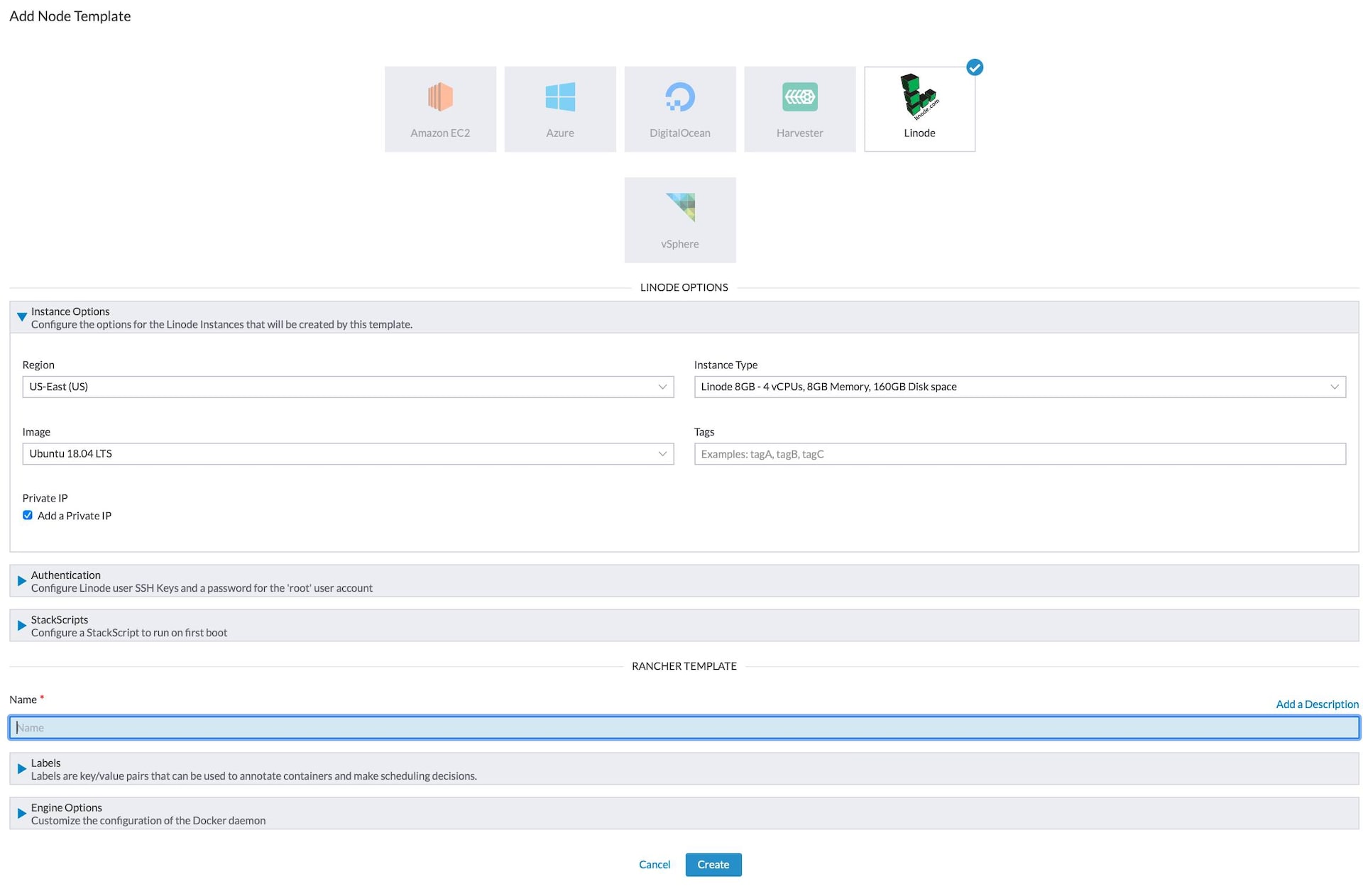 The Linode options in the Add Node Template form Rancher Add Node Template form - Linode options
