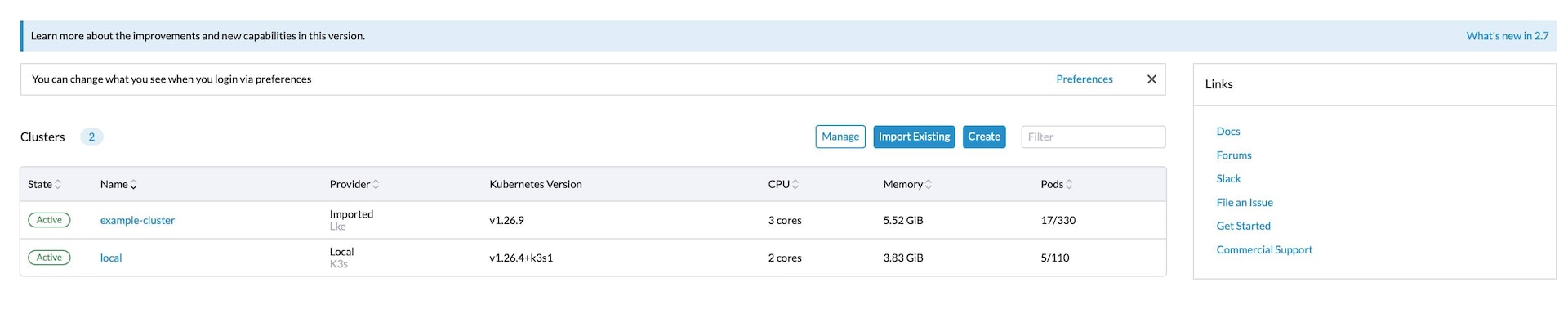 New cluster listed in global home page, cluster name highlighted Rancher home page - new cluster highlighted