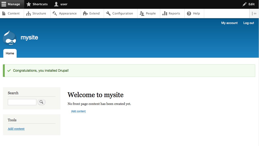 Drupal 8 installed welcome.