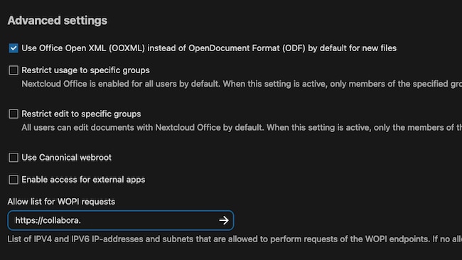 The Nextcloud Office advanced settings The Nextcloud Office advanced settings