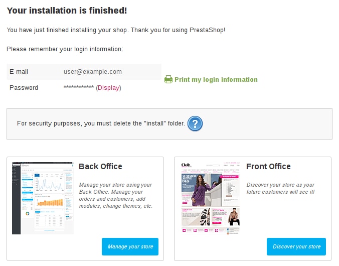 PrestaShop Installation Completed PrestaShop Installation Completed