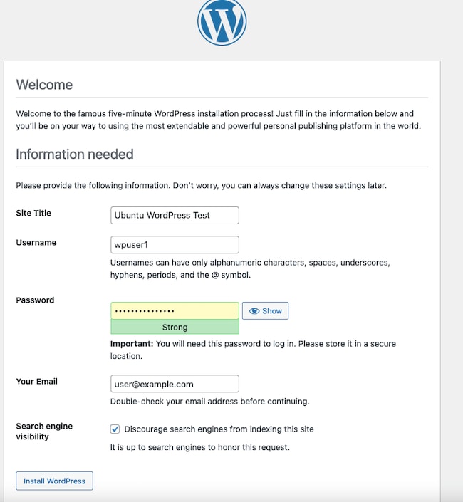 Enter the Default Database Administration Info