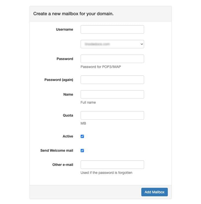 The PostFixAdmin new mailbox creation page.