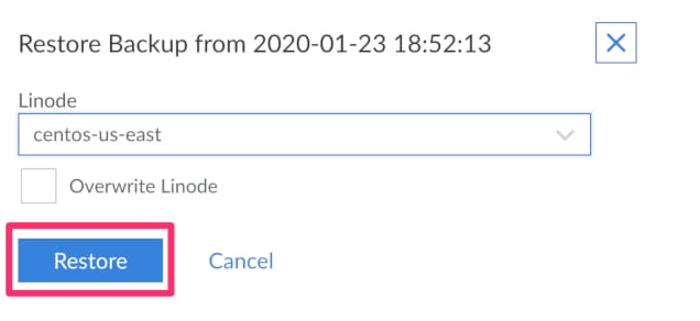 Restore to Existing Linode Panel Restore to Existing Linode Panel