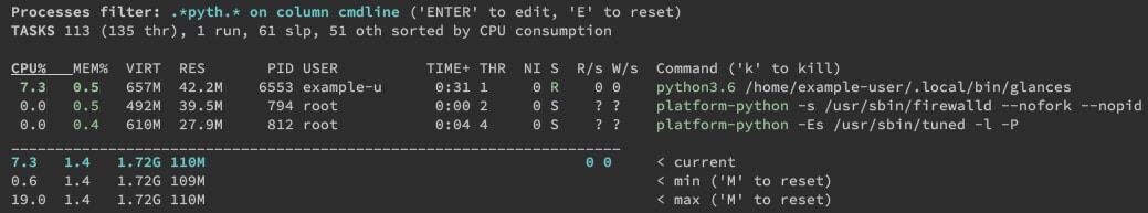 glances filtering processes based on command names matching filter
