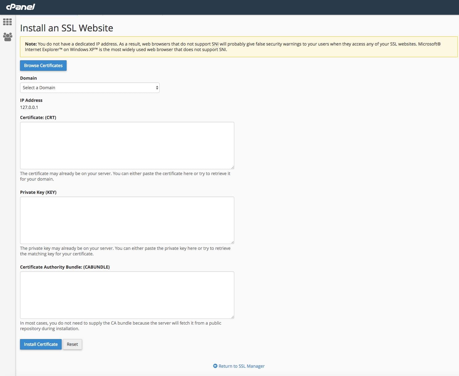 cPanel Install SSL form. cPanel Install SSL form.