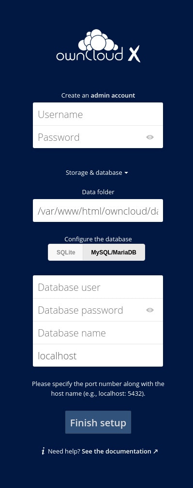 The database details section for the ownCloud installation The database details section for the ownCloud installation