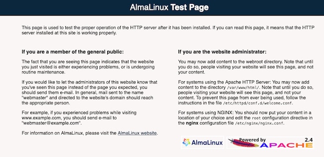 Apache on AlmaLinux landing page