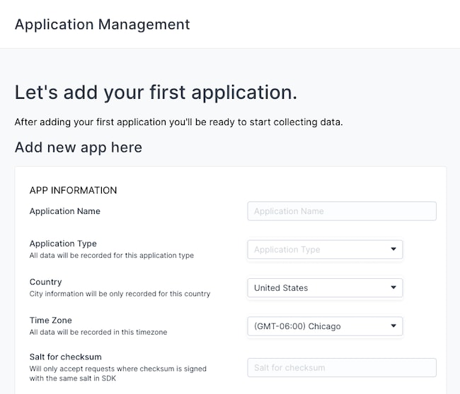 Creating a new application in Countly Creating a new application in Countly