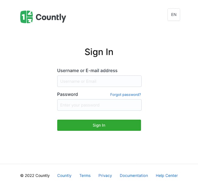 Countly login page Countly login page