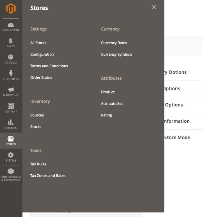 Select “Stores” followed by “Configuration” menu.