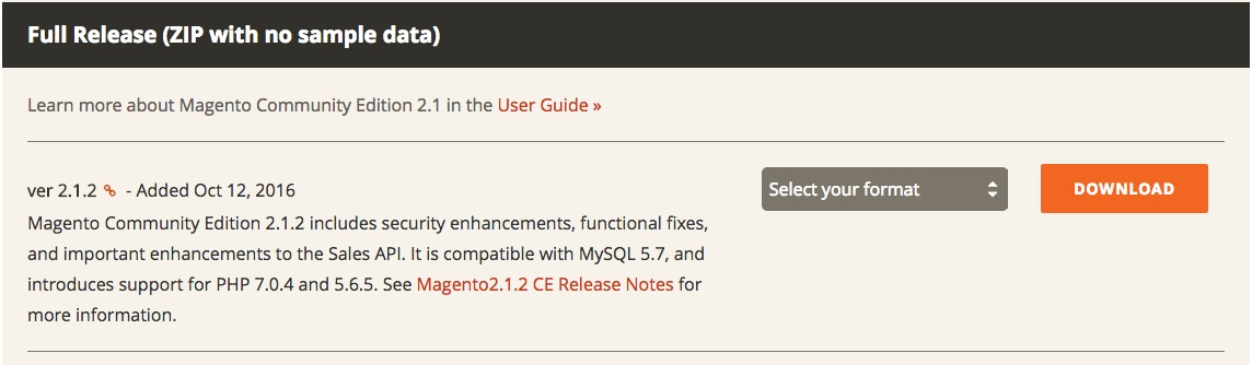 The Magento download screen