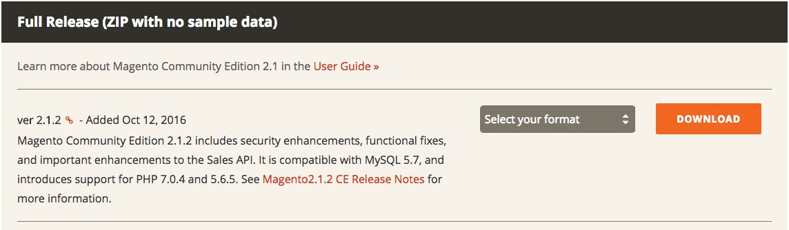 The Magento download screen