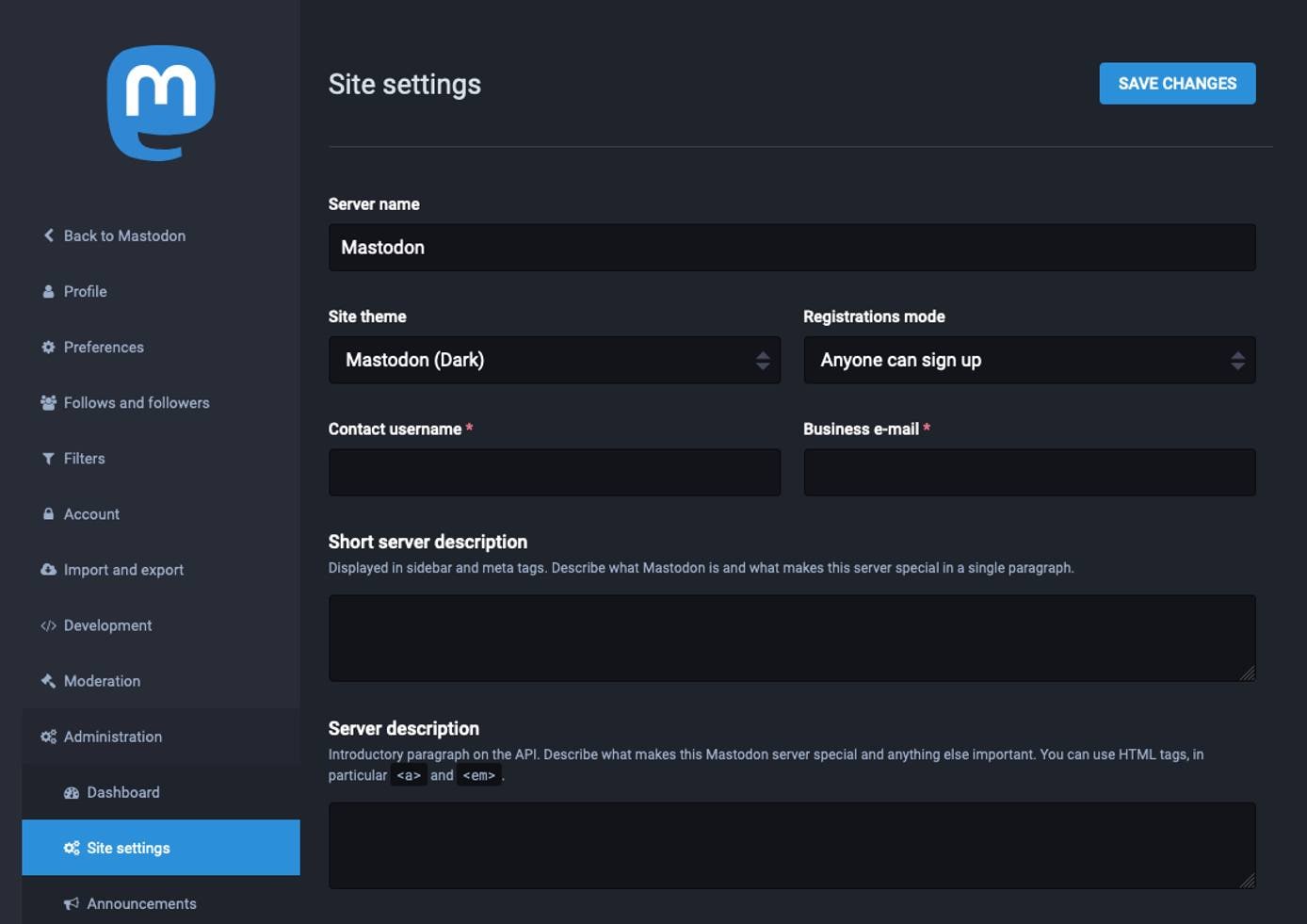 Mastodon administration page Mastodon administration page