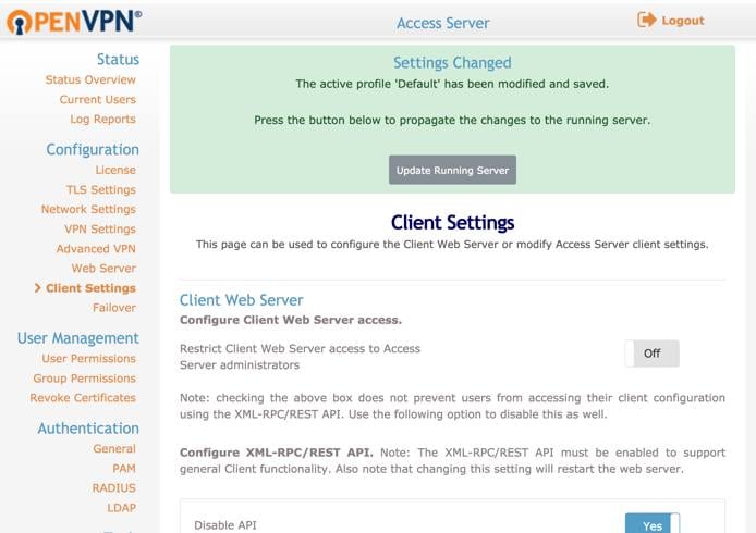 OpenVPN Access Settings Changed.