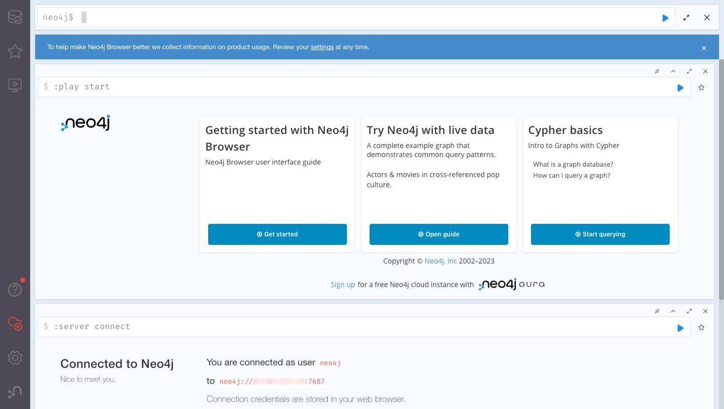 The Neo4j Browser Play Start page. The Neo4j Browser Play Start page.