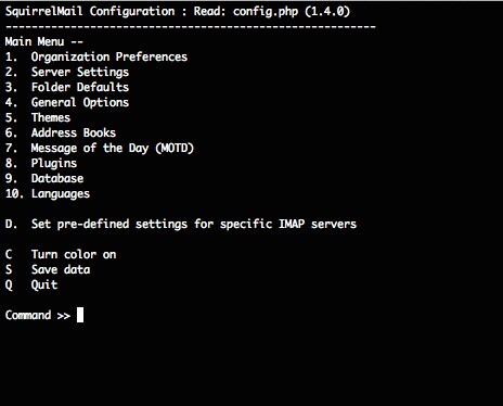 The squirrelmail-config main menu. The squirrelmail-config main menu.