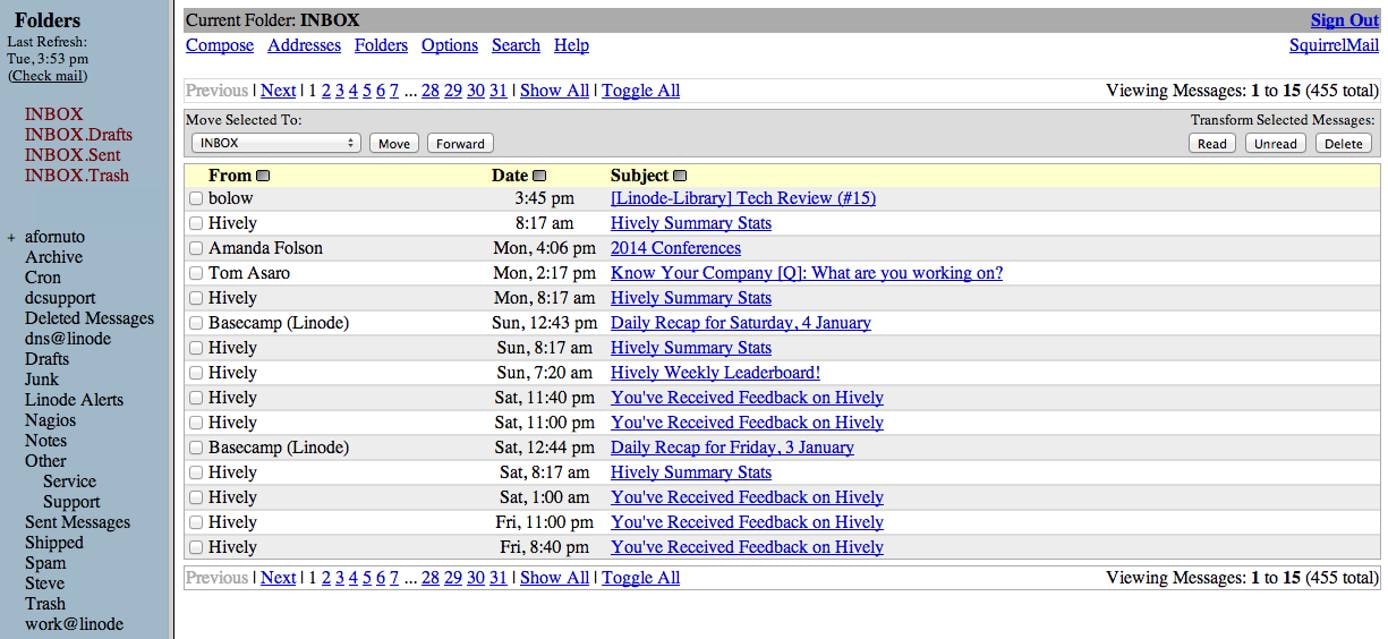 SquirrelMail Inbox view. SquirrelMail Inbox view.