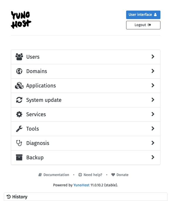 YunoHost administrator interface after login YunoHost administrator interface after login
