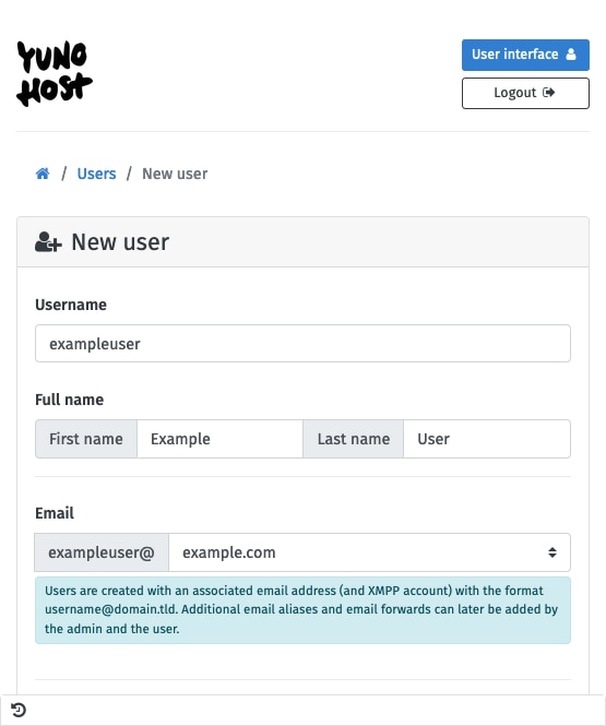 Creating a user from the YunoHost administrator interface Creating a user from the YunoHost administrator interface