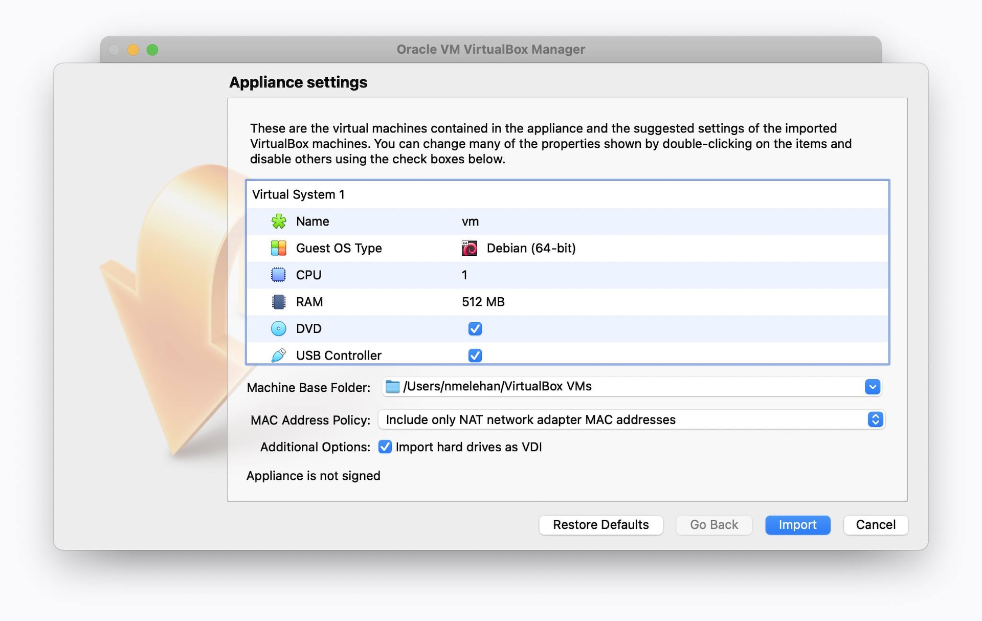 VirtualBox - Import Raven VM Dialog VirtualBox - Import Raven VM Dialog