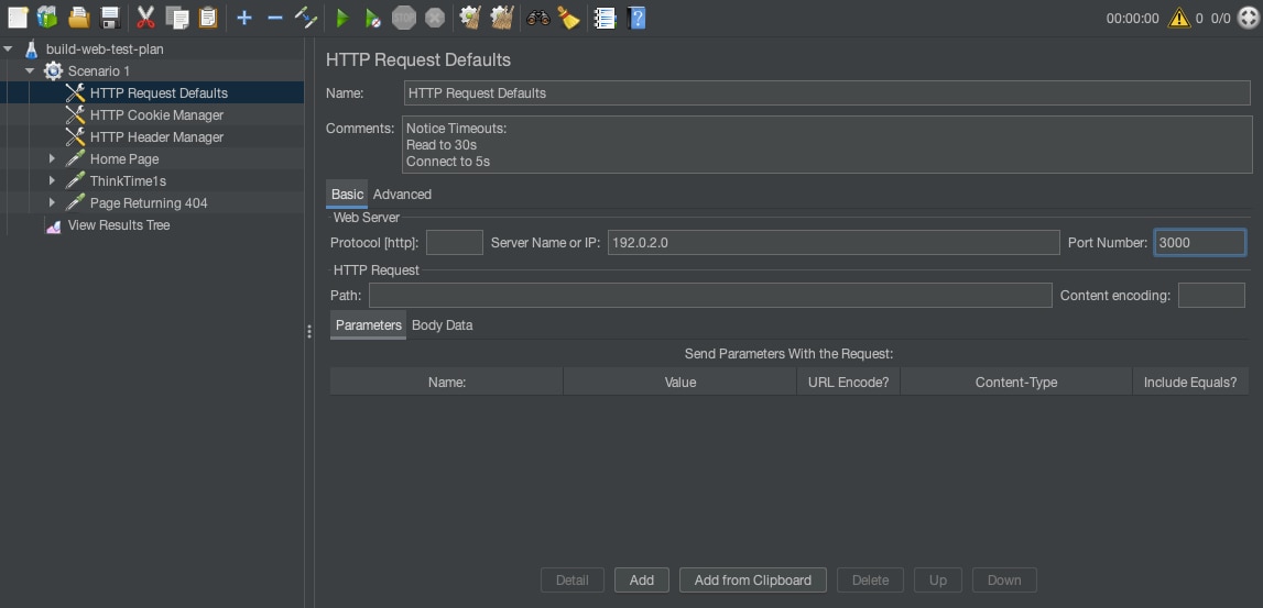 Adjusting the HTTP request defaults for a JMeter test plan.